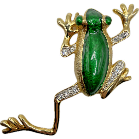 Huge Vintage Green Guilloche Crawling FROG BROOCH Pin 5.5" Enamel Rhinestone - Picture 1 of 7